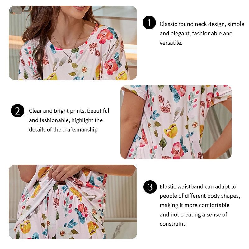 Women's Pajama Set Soft and Breathable Short Sleeve T-shirt & Cozy Long Pants Pajamas 2 Piece Set Flower Print Loungewear Pyjama