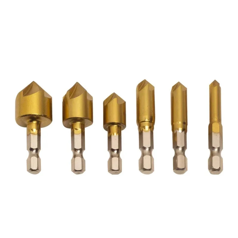6PCS Hexagon Shank Titanium-Plated Five Flute Chamfering Cutter 1/4'' Hexagon Shank Reaming Chamfer 12mm16mm19mm Punching Tool