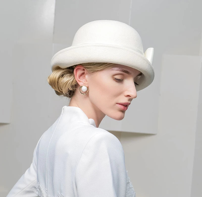 Wool Felt Fedoras Hats for Women Ladies White Black Elegant Curl Brim Top Hat for Wedding Bride Formal Church Cocktail Tea Party