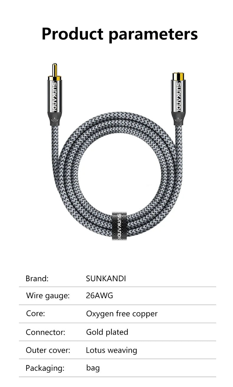 SUNKANDI RCA Male to female extension cable, copper housing  RCA male to RCA female cable Stereo audio extension cable adapter