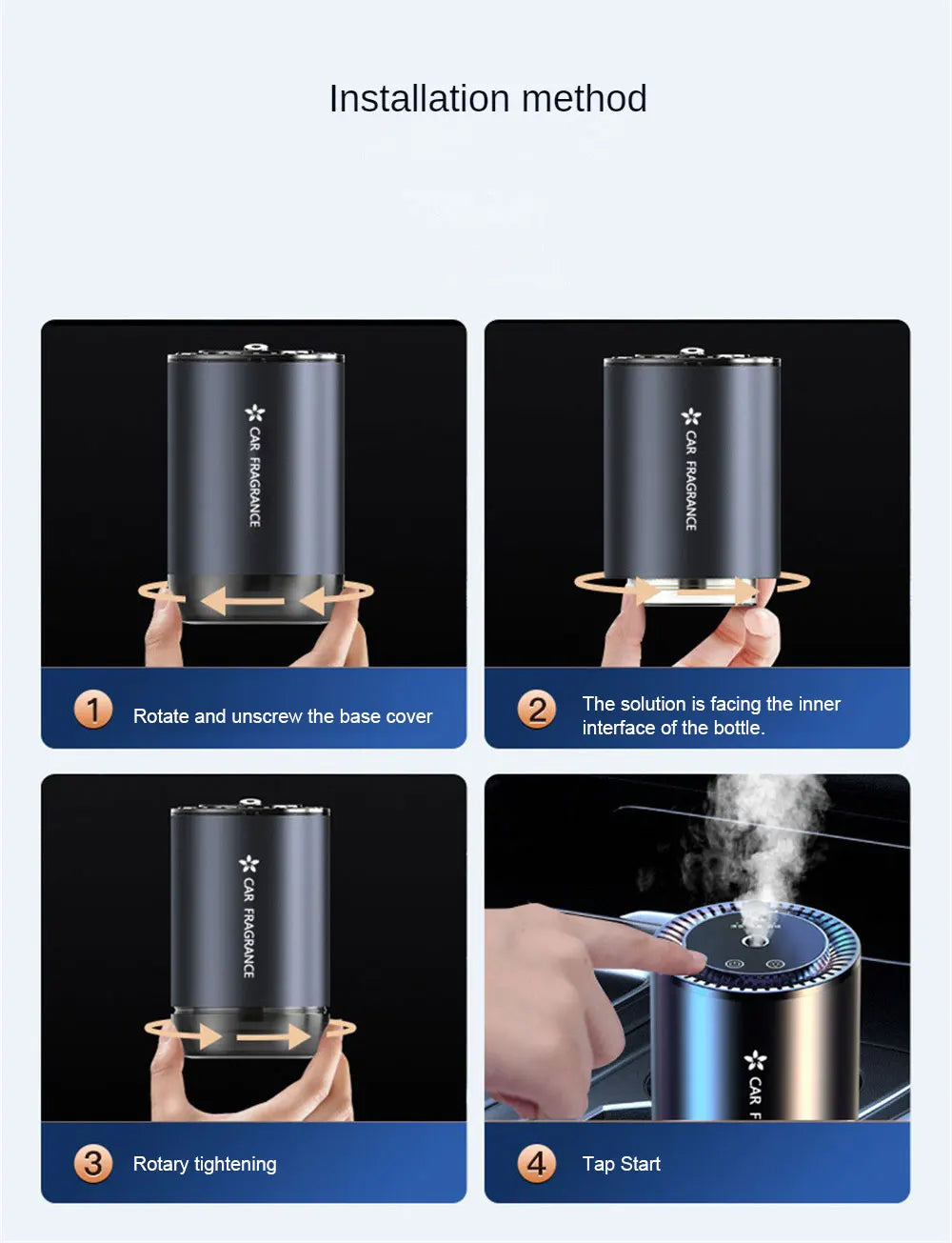 Car Air Freshener Essential Oil Fragrance Diffuser Smell Distributor USB Rechargeable Aromatherapy Scent Air Refresher LED Light