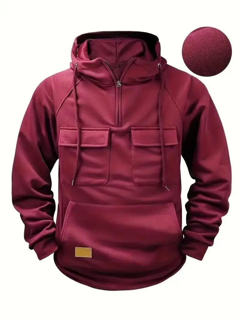 Fashionable Youth Men's Hoodie Solid Color Casual Autumn/Winter Pullover with Multi Pockets Patch Design