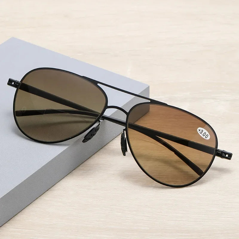 Bifocal Reading Glasses Men Fashion Double Bridge Sunglasses Male Look Far and Near Anti Glare Hyperopia Eyeglasses +100 To +350