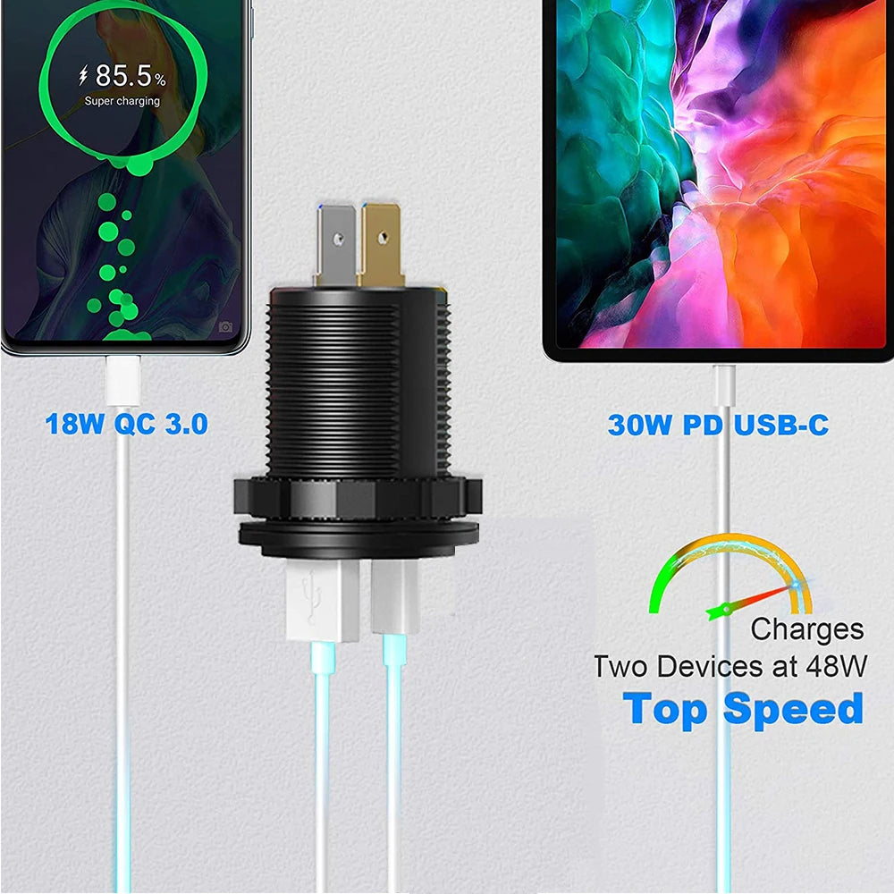60W PD QC3.0 Car Charger Socket with Voltage Meter Quick Charge 3.0 Socket Power Outlet for 12V/24V Motorcycle Truck Boat