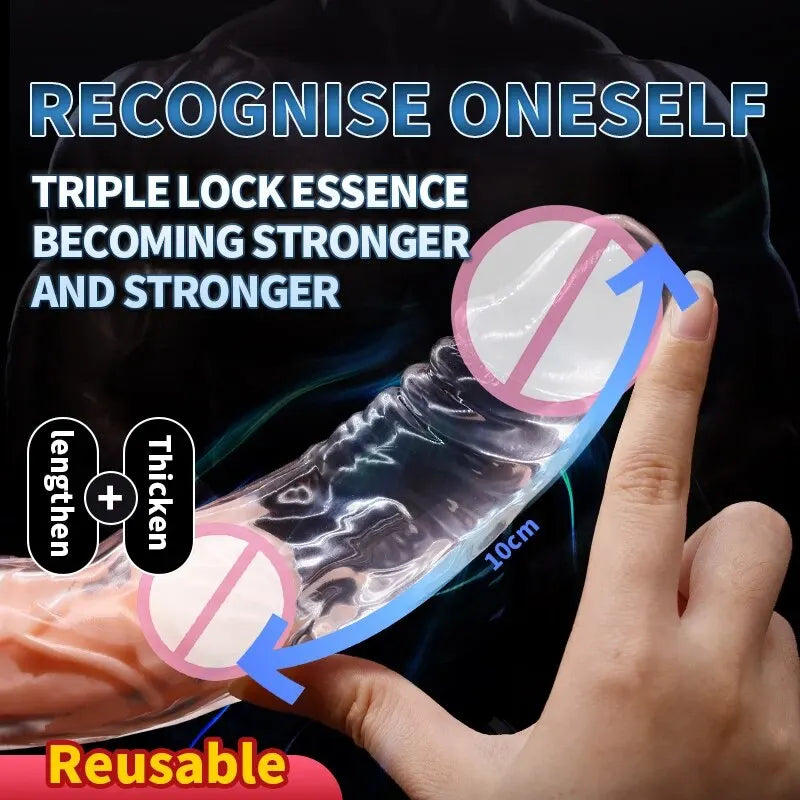 JIUUY Transparent Penis Extend Sleeve Reusable Condoms Dildo Enhancer Delay Ejaculation Cock Rings Nozzle Sex Toys for Men