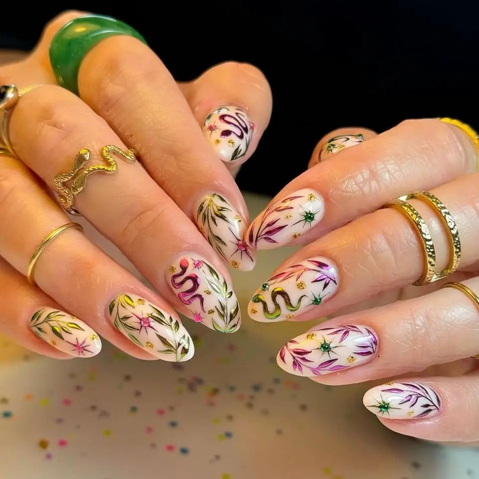 24PCS 3D Sweet Pink Flower Almond Press on False Nails with Yellow French Diamonds Fake Nails Artificial Wearable Tips with Glue