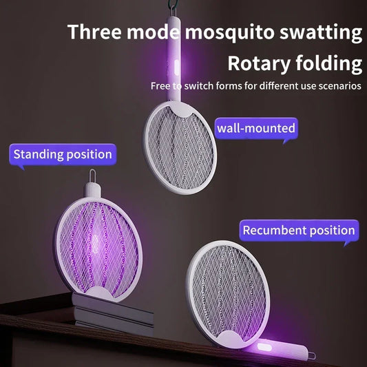 Foldable Electric Mosquito Killer Fly Swatter Trap USB Rechargeable Mosquito Racket Insect Killer with UV Light Bug Zapper 3000