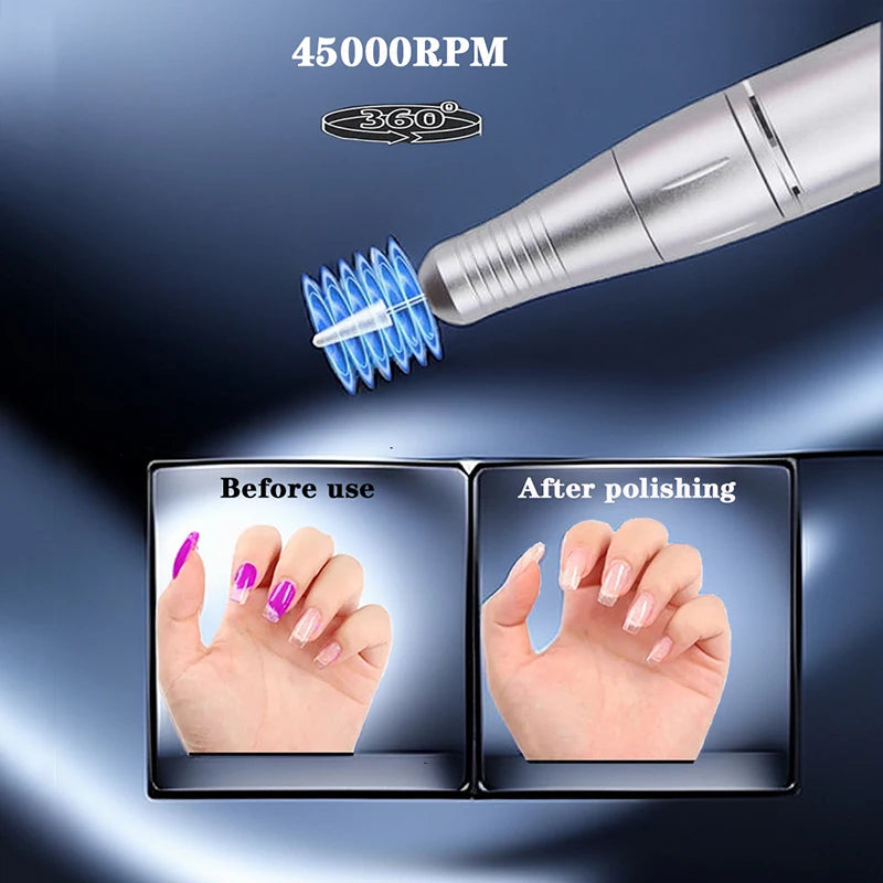 45000RPM Rechargeable Electric Nail Drill Machine With USB Connector Nail Polish Remover Drill Set Manicure Sander Low Noise