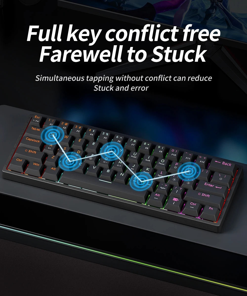 MUCAI MK61 USB Gaming Mechanical Keyboard 61 Keys Red Switch Wired Detachable Cable RGB Backlit Hot Swappable