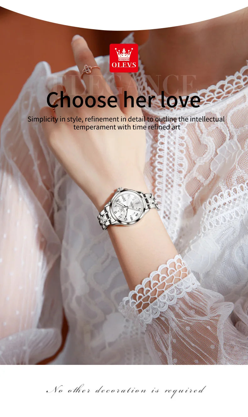 OLEVS 2910 Luxury Men Women Couple Watch Dual Calendar Display Waterproof Stainless Steel Clock Gold Diamond Couple Quartz Watch