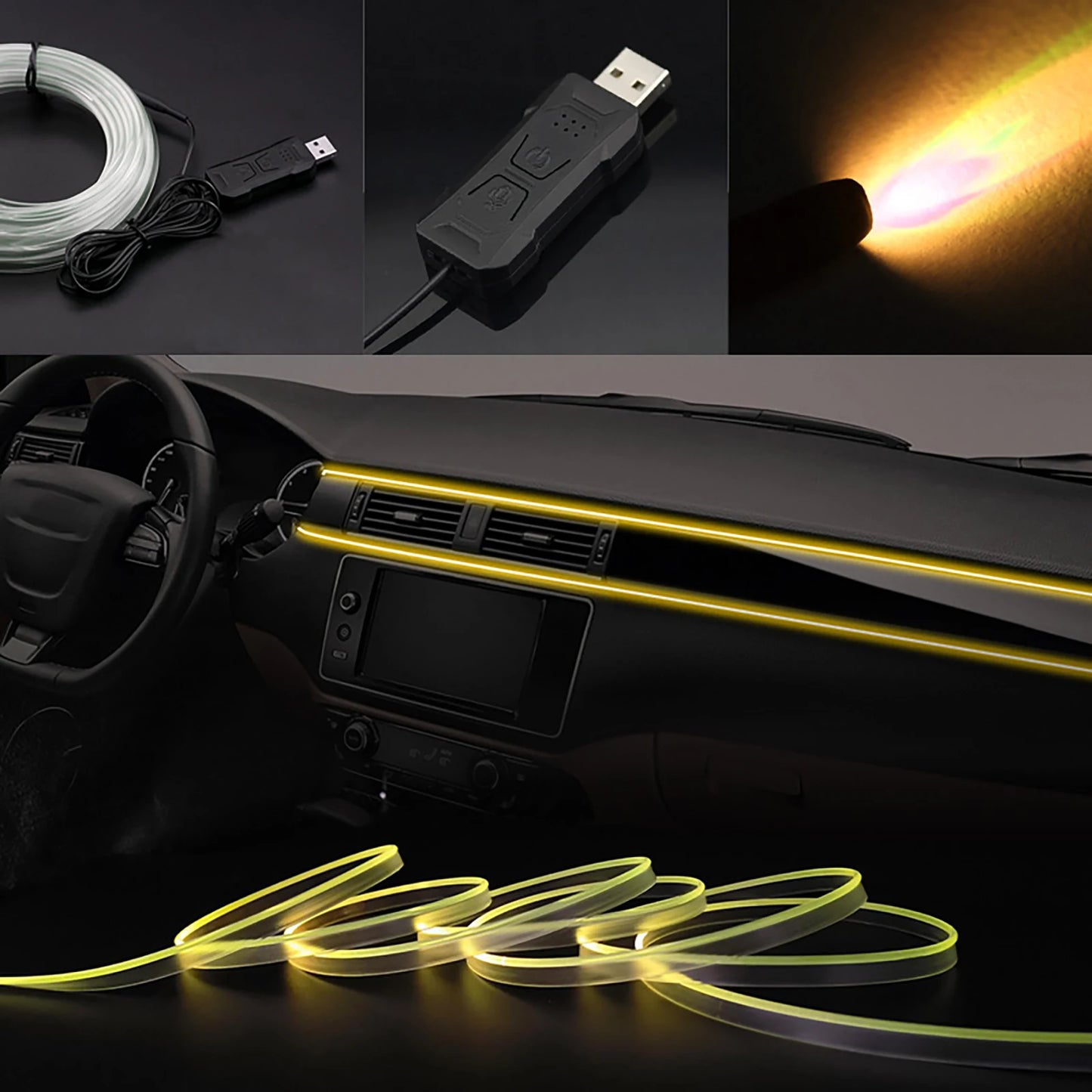 Car Interior Atmosphere Light Ambient LED Light Strip RGB Invisible USB Fiber Optic Lamp Trim Decor support APP Control