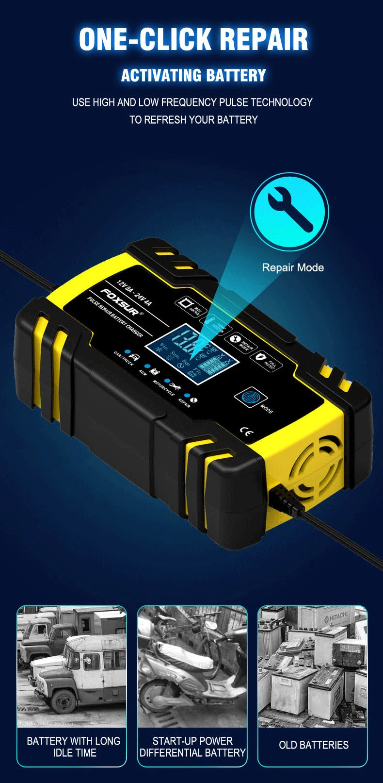 FOXSUR 12V/24V 8A Smart Battery Charger Automatic Start Fast Charger Use For Car Motorcycle Truck Deepcycle Wet Dry Lead Acid