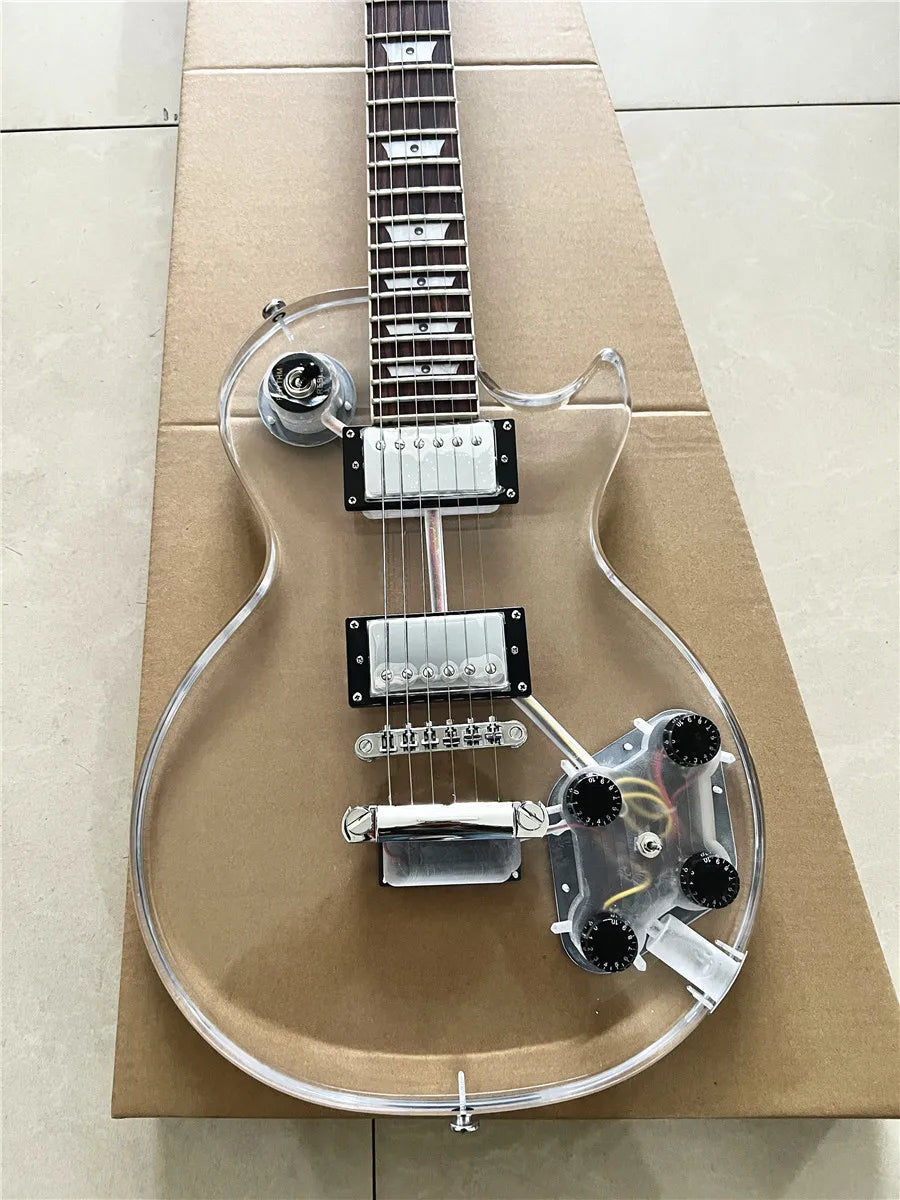 High quality custom crystal acrylic transparent Plexiglass 6-string electric guitar rose wood fingerboard led color lights