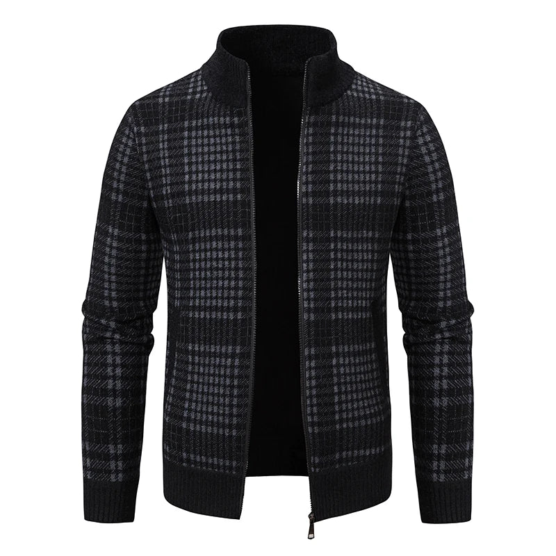Mens Sweaters Jacket Full Zip Fleeced Sweater Cardigan Plaid Stand Collar Sweaters Coat Autumn Winter Homme Clothes