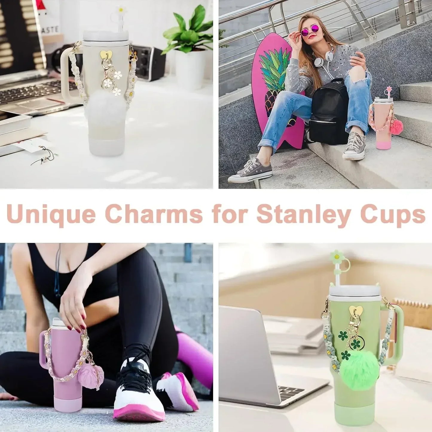 7/8pcs Cup Accessories Set for Stanley Cup Including Handle Strap Siliocne Cup Boot Straw Cover Charms for 40oz 30oz Tumbler