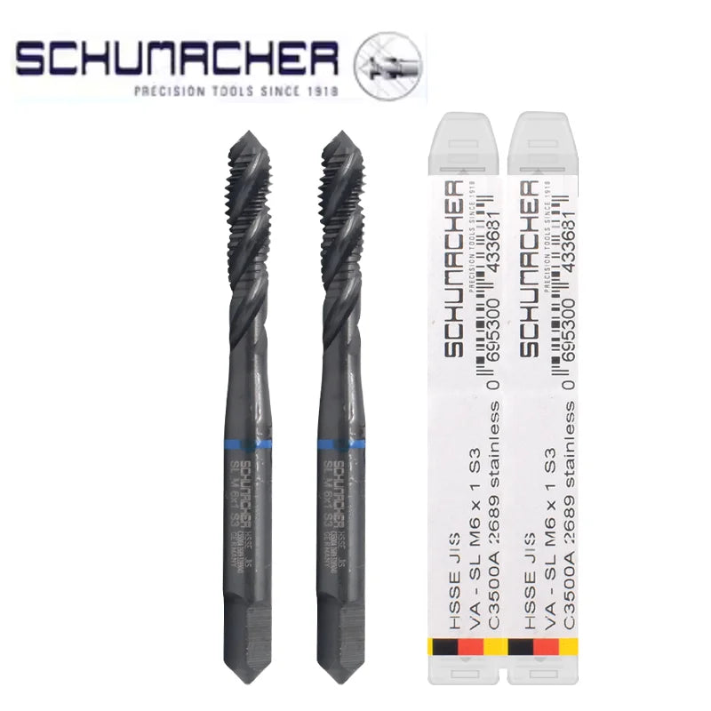 Germany Original SCHUMACHER Blue Ring JIS Standard Spiral Fluted Tap Pointed M3 M4 M5 M6 Machine Thread Taps For Stainless Steel