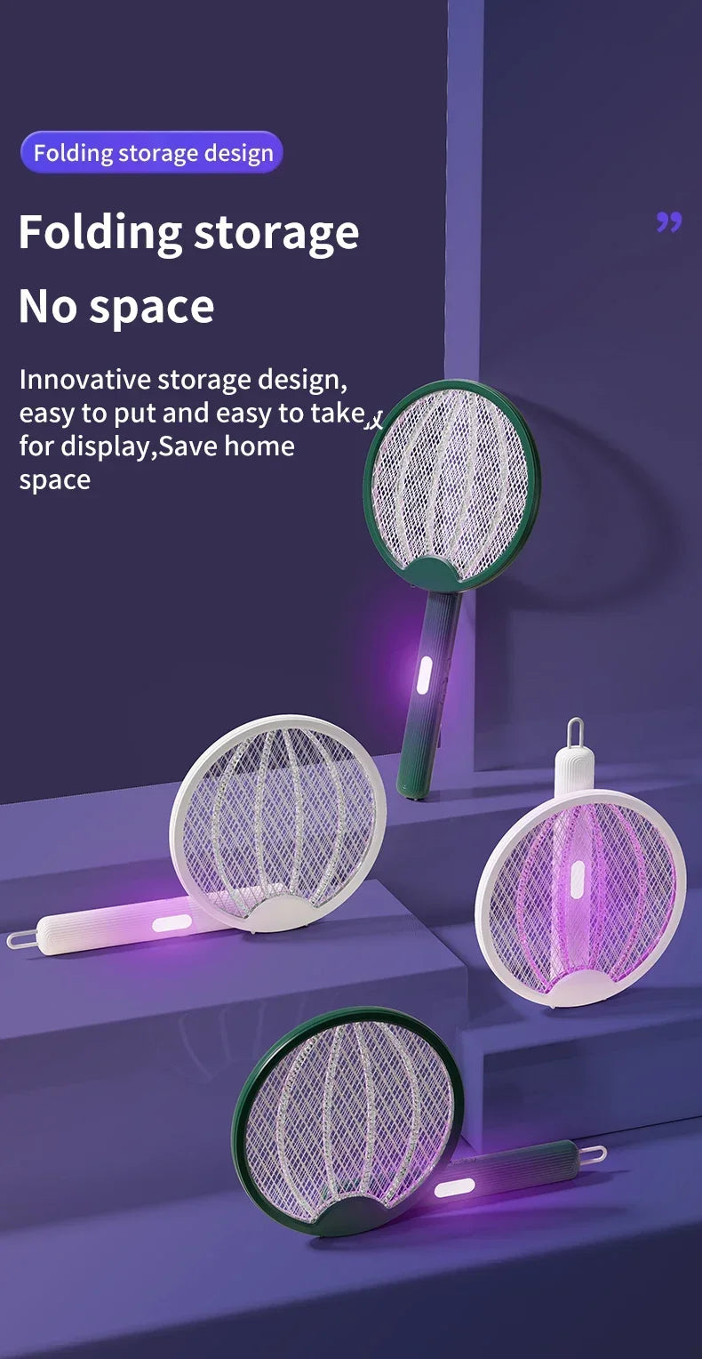 Foldable Electric Mosquito Killer Fly Swatter Trap USB Rechargeable Mosquito Racket Insect Killer with UV Light Bug Zapper 3000