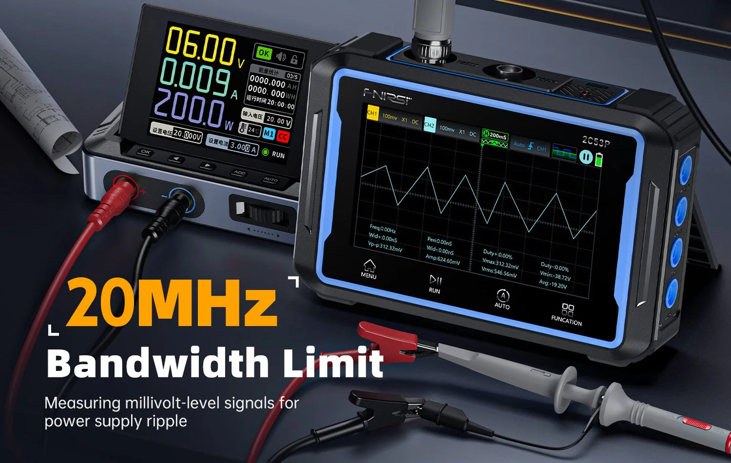 2C53P Touch Screen Portable Digital OSC Multimeter Signal Source 3in1 2 Channel 50MHz 250Ms/S 19999 Counts