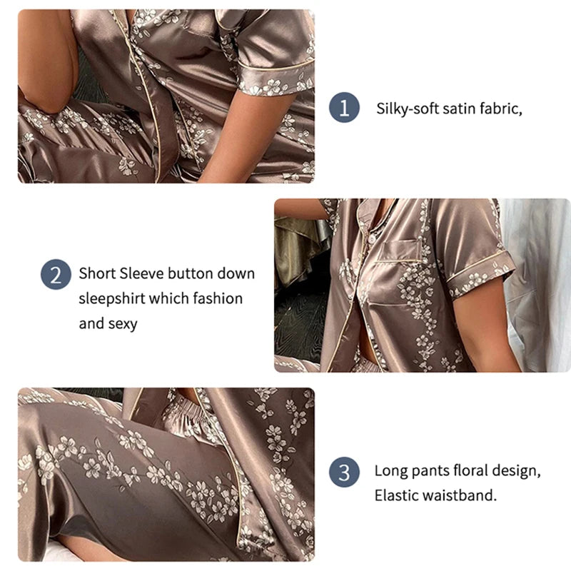 Autumn Women's Pajama Pjs Set Floral Print Sleepwear Short Sleeve Turn-down Collar Tops & Pants Pyjama Home Clothes Loungewear