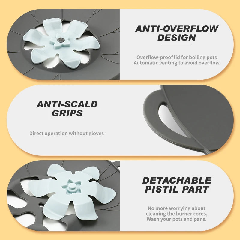 Silicone Boil Over Spill Safeguard Food Grade kitchen Stopper Lid Cover for pot and pan silicone Pot Cover Spill Stopper Lid