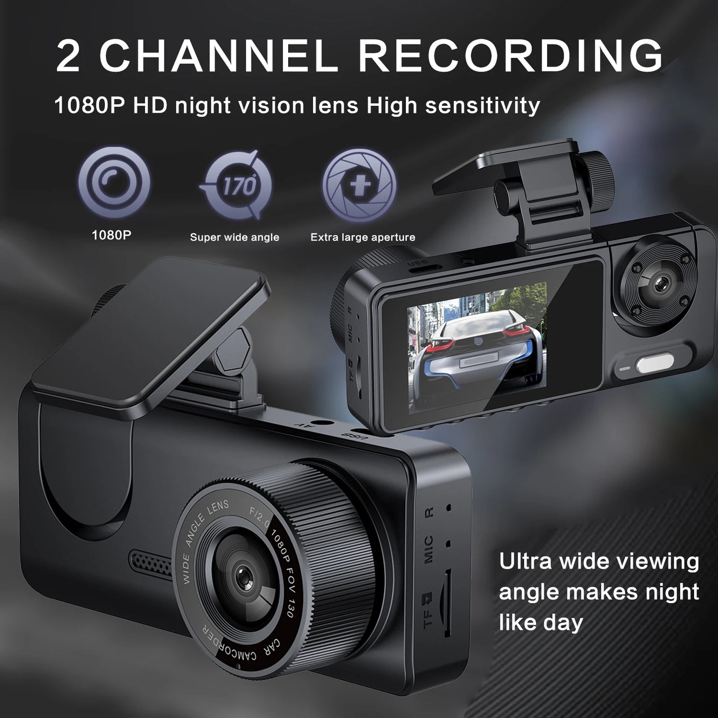 New Car 2-recorder High-definition Night Vision 1080P Car Driving Recorder Suction Cup 2-lens Car Front and inside Video