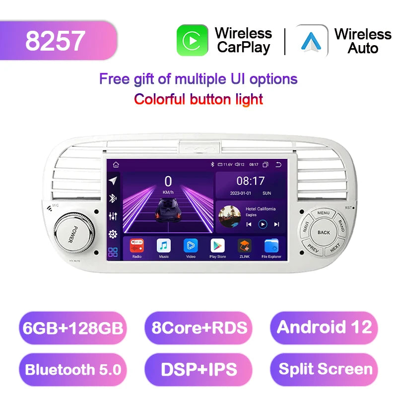 Junuse 7" Wireless Android Auto Carplay For Fiat 500 2007~2015 Android 13 Carplay GPS Navigation Multimedia Player White Black