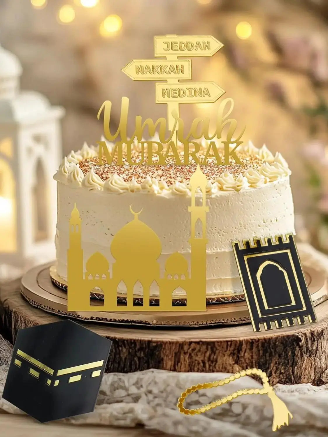 Paxrmuky Golden Muslim Umrah Mubarak Topper Hajj Mubarak Cake Topper and Charm Set of 4