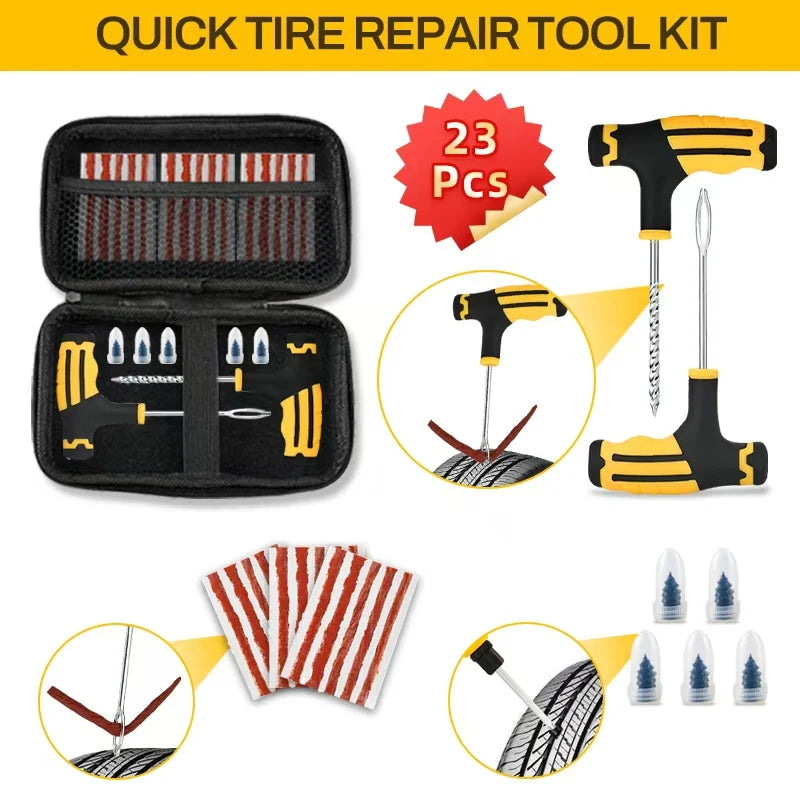 All-in-One Tire Repair Kit: Car Motorcycle Bike Truck Emergency Puncture Plug Tool with Rubber Strips - Roadside & Garage Use