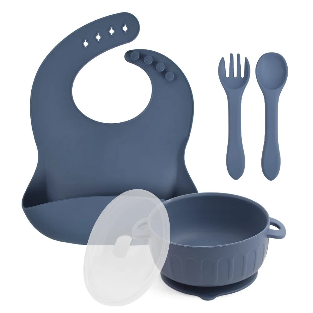 Mother Kids Baby Silicone Feeding Set Sucker Plate Antislip Bowl Spoon Cup Children Tableware Safe Non Toxic Dishwasher Safe