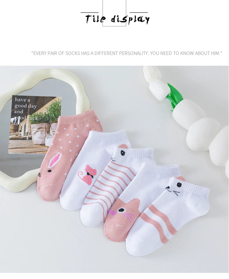 5 Pairs of WOMEN'S Short Socks, Pink Cat Thin, Cute All Season Boat Socks, Slow Top, Fashionable Boat Socks