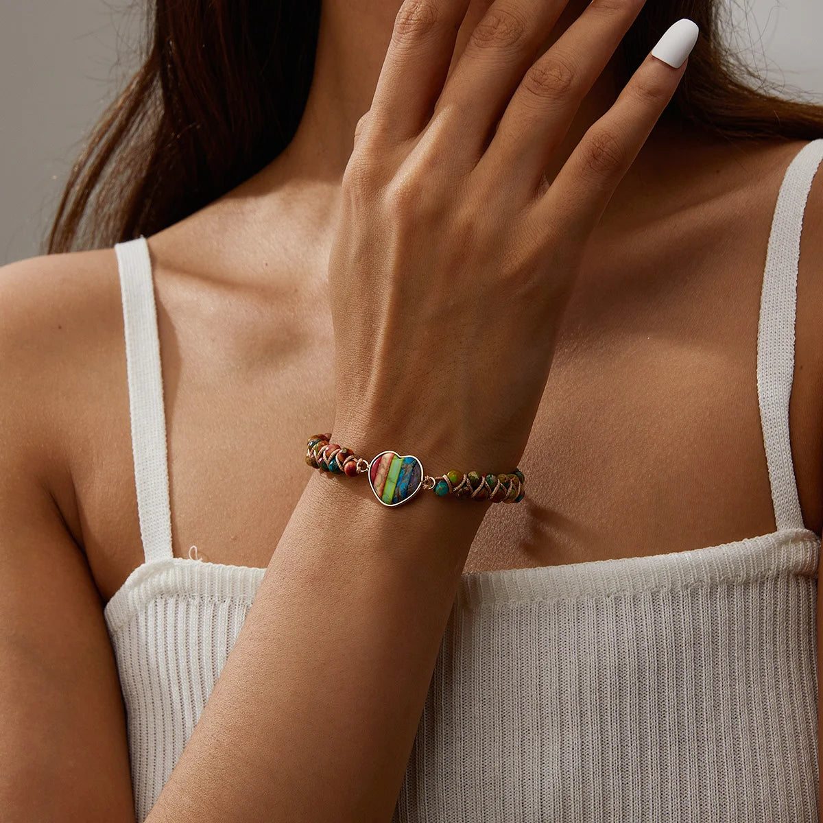 Handmade Natural Stone Bracelet Women Fashion Heart Purple Agates Beads Charm Braided Bracelets Boho Yoga Wrap Bangles Jewelry