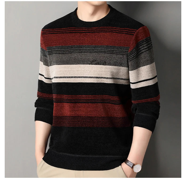 Mens Thickened Sweater Stripe Velvet Pullover Men's Winter Clothes Elegant Luxury Brand Fashion Knitted Sweaters