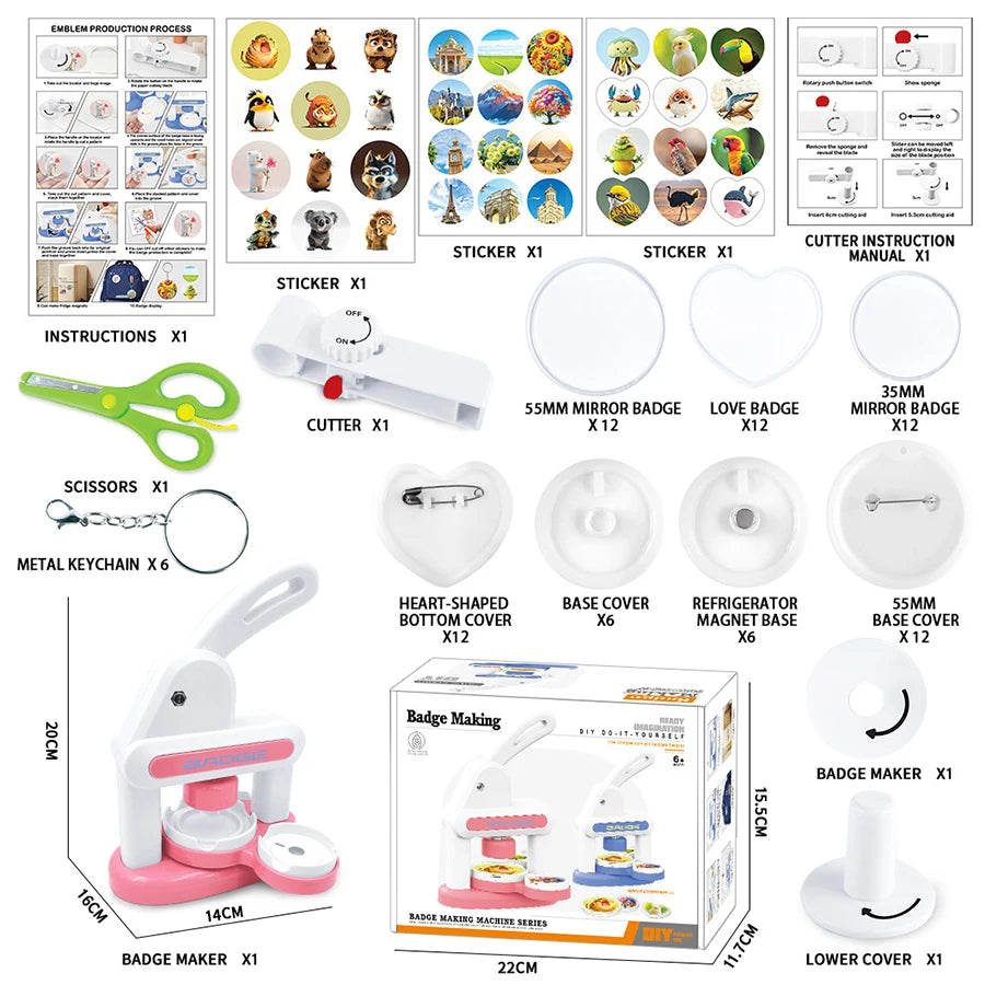 3in1 Button Maker Machine,Round/Heart Magnet DIY Pin Badge Maker,Portable Press Machine Badge Punch Kit with 36 Patterns Badges