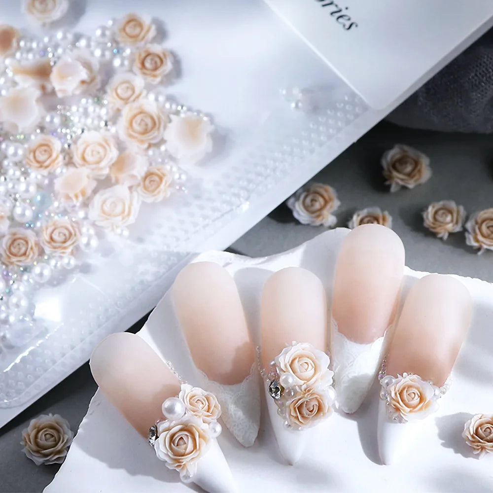 30 pcs gradient carved rose nail ornaments with steel bead pearl nail accessories