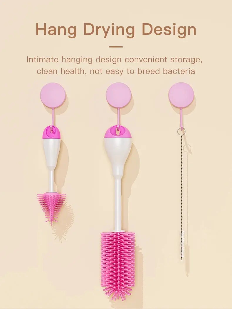 360 Degree Rotation 3 in 1 Silicone Baby Bottle Pacifier Brush Wash Water Cup Container Straw Cleaning Brush Set