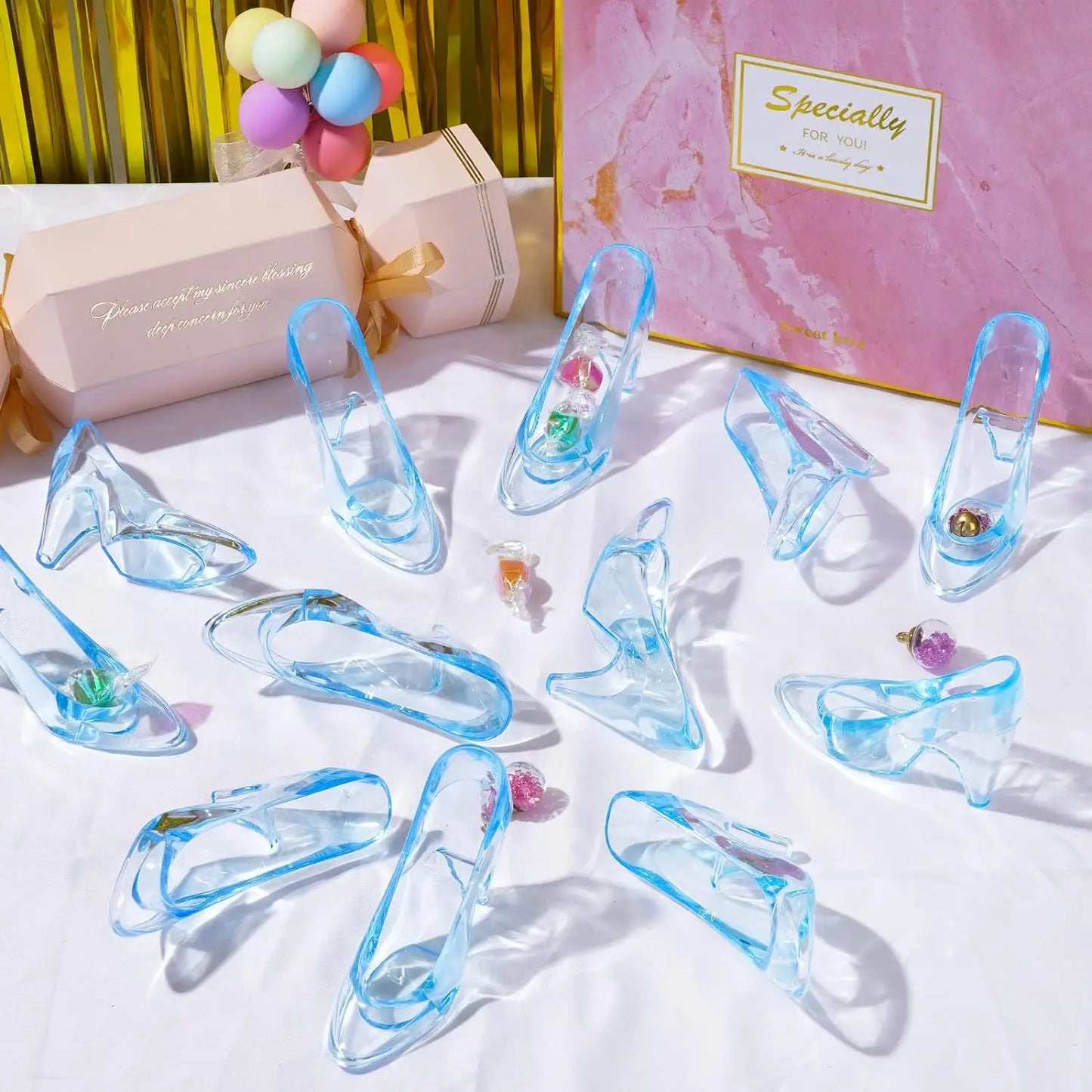 12PCS Mini Plastic Cinderella Slippers 3.5 Inch Glass Heels Princess for Wedding Birthday Party Table Candy Favors Decoration