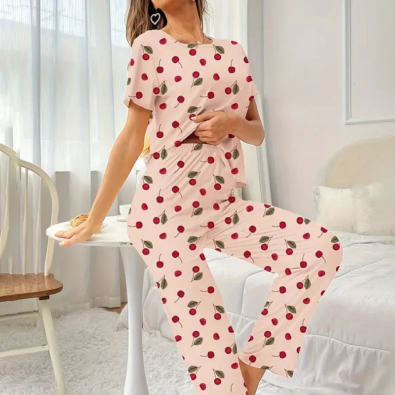 Womens Pajama Pj Sets Autumn Short Sleeve Top & Pants Pajamas 2 Piece Set Soft and Cozy Sleepwear Loungewear Pyjama Pijama Femme