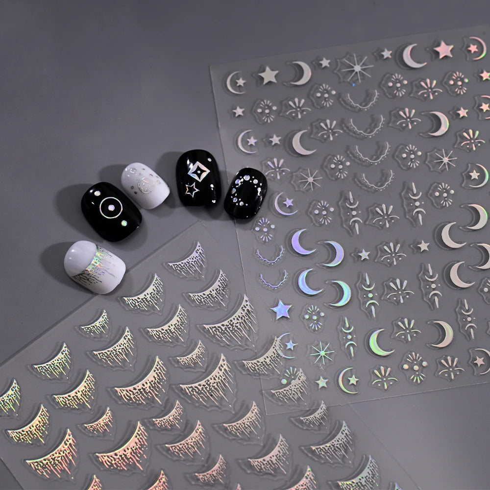 12Pcs Gold/Silver Tasse/Line/Star/Moon 3D Nail Art Stickers Leaf/Geometric Design Self-adhesive Sliders Luxury Manicure Decals