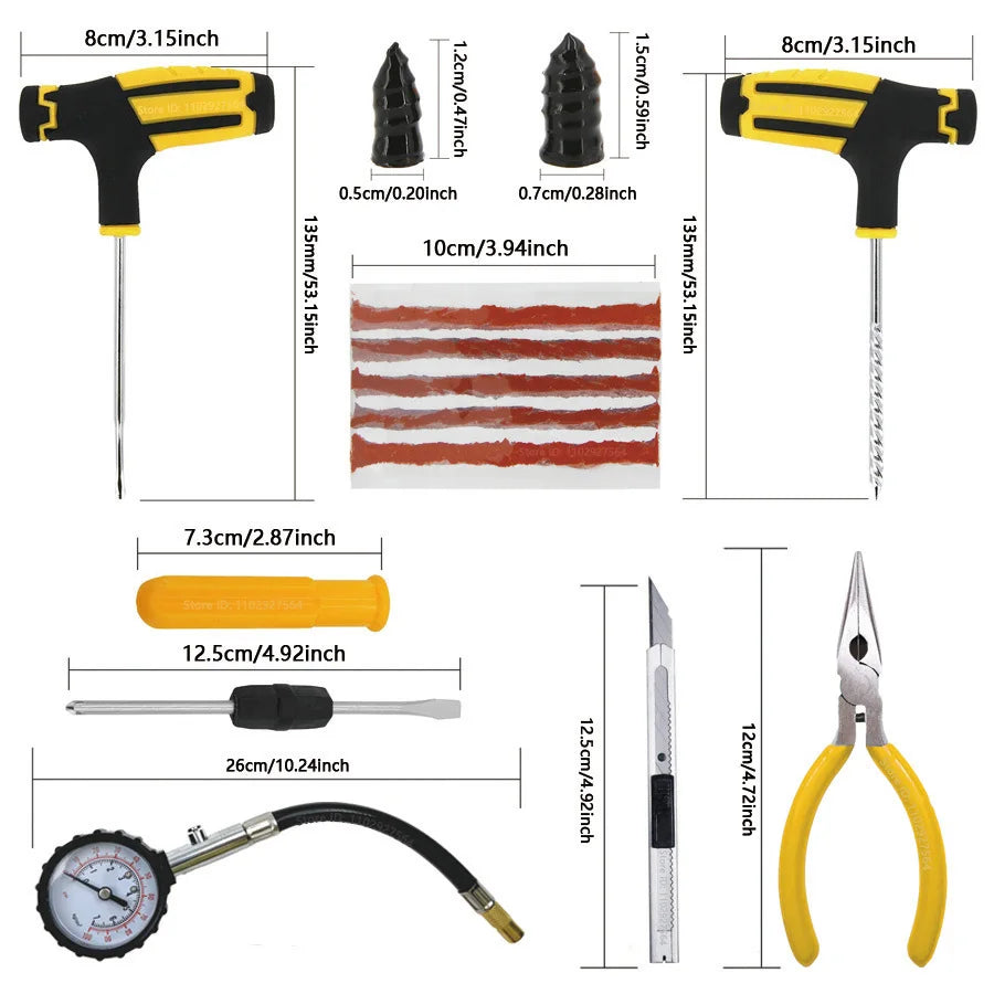 All-in-One Tire Repair Kit: Car Motorcycle Bike Truck Emergency Puncture Plug Tool with Rubber Strips - Roadside & Garage Use