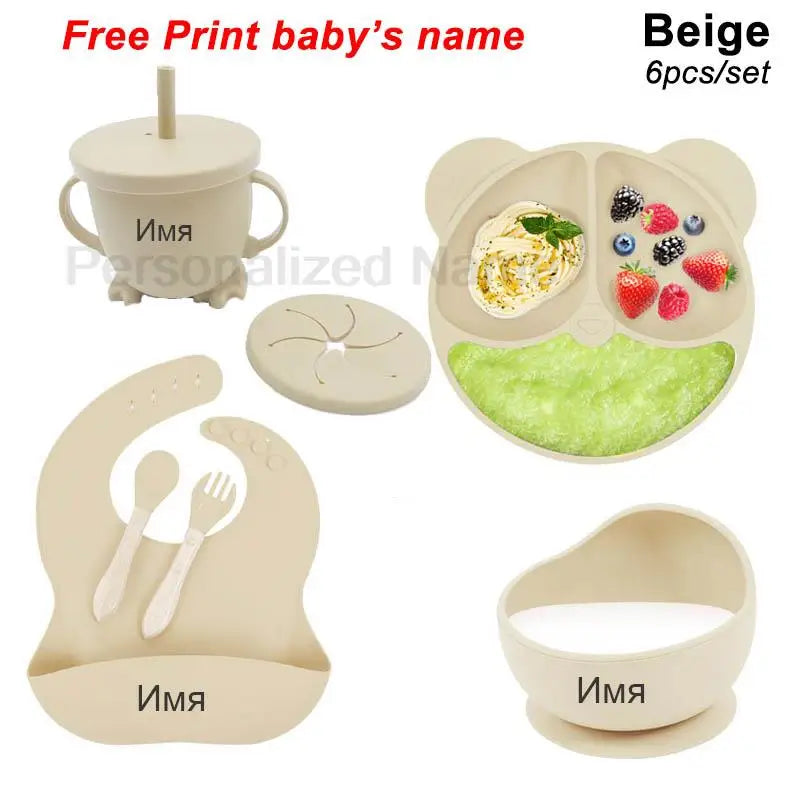 Baby Feeding Plate Sets Suction Bowl Silicone Plate For Kids 6Pcs Children Tableware Personalized Name Dinner Dishes Cups Spoon