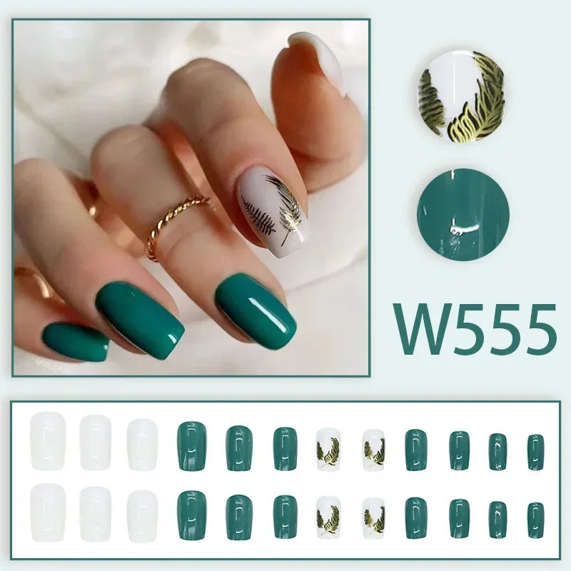 Black Ink Style Fake Nail with Jelly sticker Press on False Nails Wearable Round Head Oval Full Cover Nail Tips