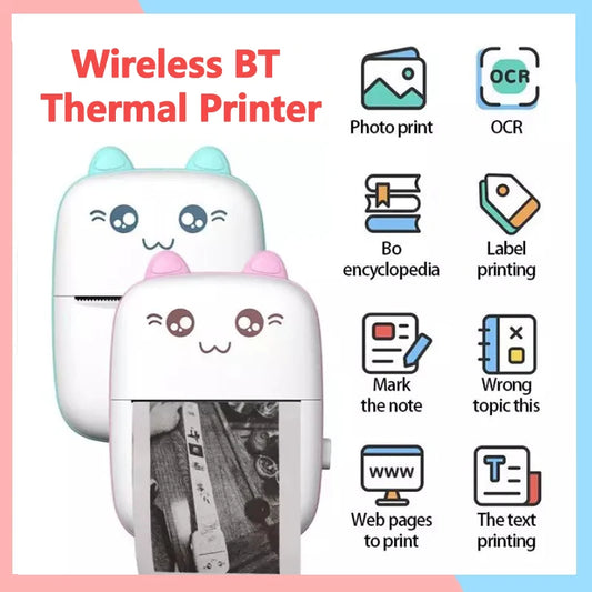 58mm Mini Portable Thermal Printer Cat Shapes Lightweight Wireless Photo Label Memo Wrong Question Printing USB Cable Printer