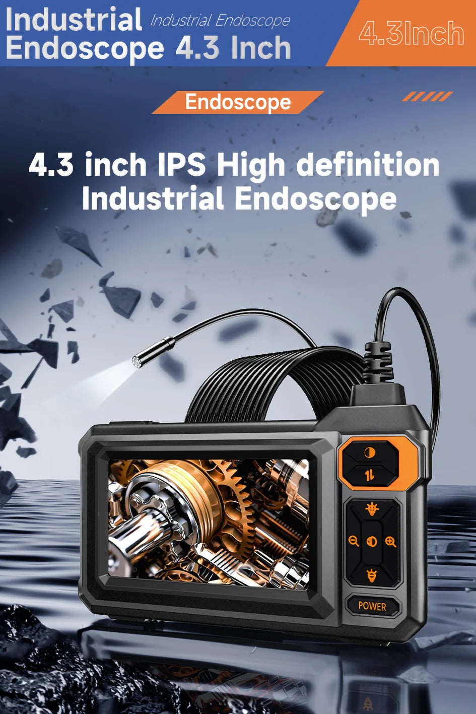 Industrial Endoscope Camera 4.3inch IPS Screen Sewer Pipe Inspection Camera for Car Repair IP67 Waterproof Probe Borescope