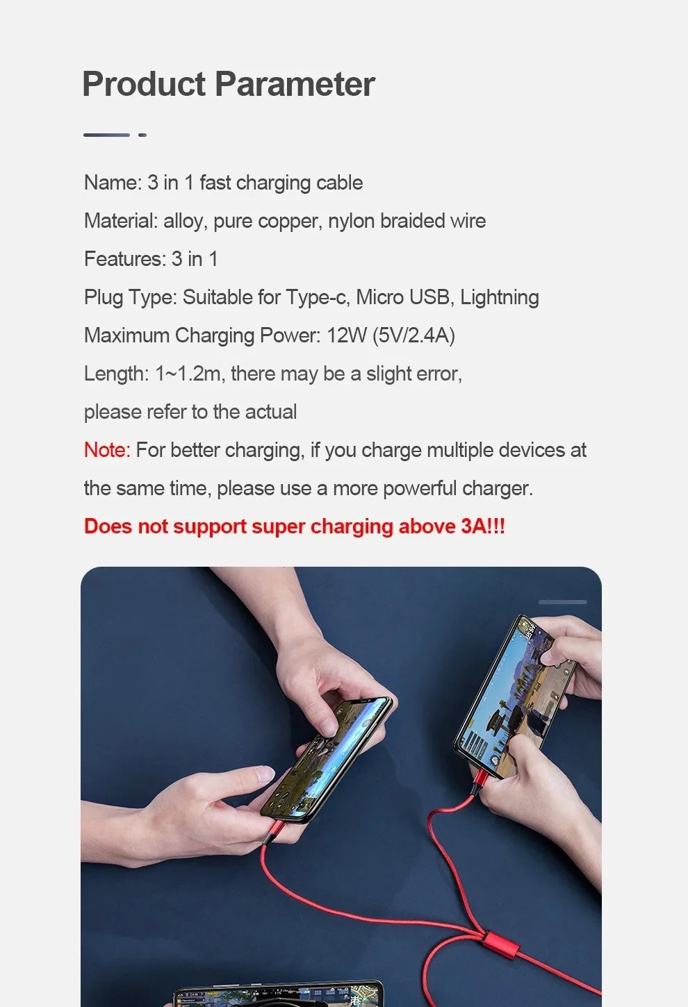 2.4A Braided One Drag Three USB-A For Apple Android Type-c/USB-C Fast Charging Cable 1.2m  3in1 Black Silver Red Blue Golden