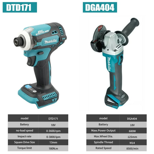 Makita DGA404 18V 125mm Electric Angle Grinder Brushless Cutting Machine, DTD171 Brushless Impact Drill Car Maintenance Tool