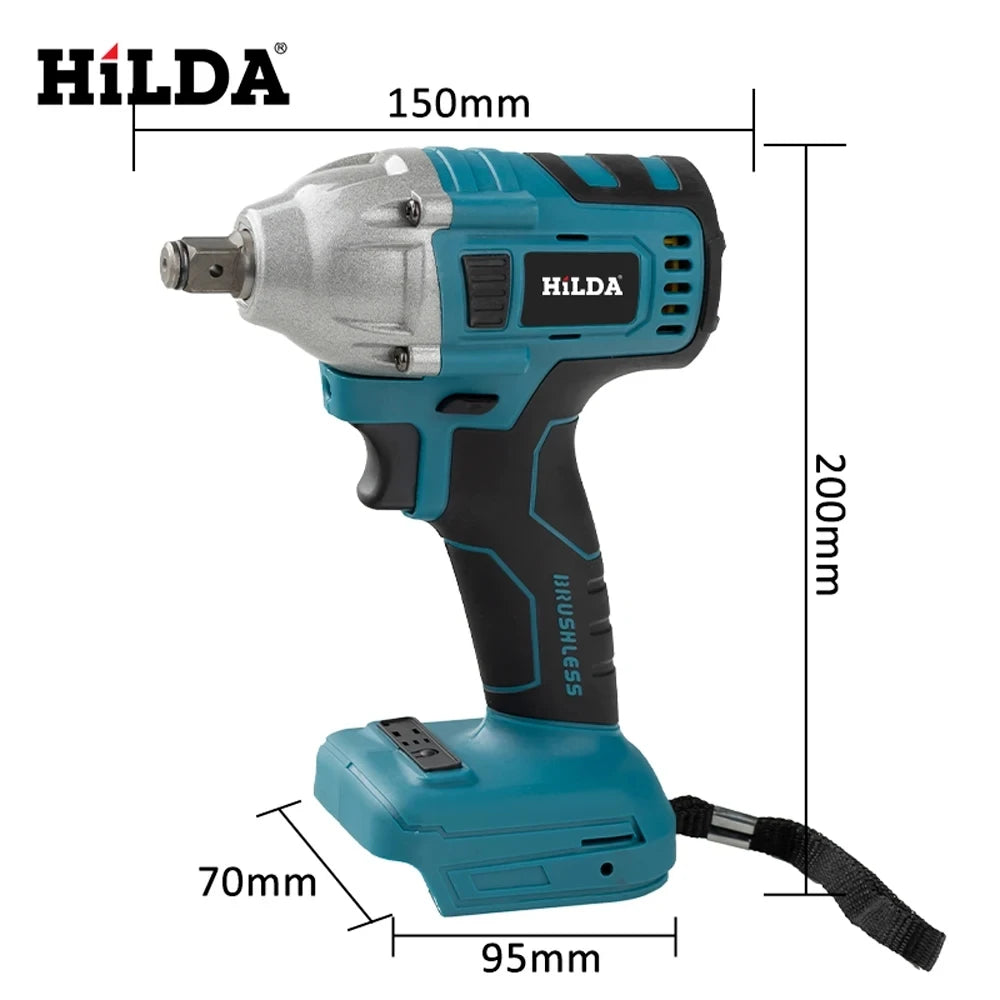 HILDA 18V Blue Brushless/Brushed Electric Impact Wrench Rechargeable 1/2 Socket Wrench Cordless for Makita Battery