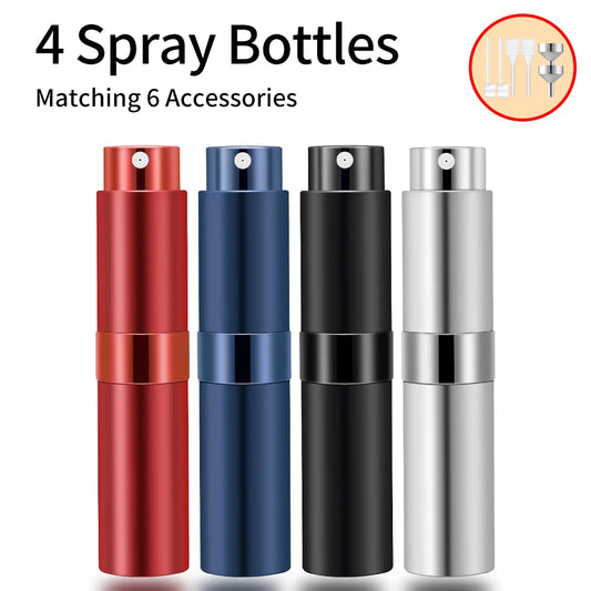 4PCS+6 Accessories Perfume Atomizer Refillable with 5 Spray Bottles, 2 Aluminum Funnel, 2 Dispensing Shenanigans, 2 Spring Straw