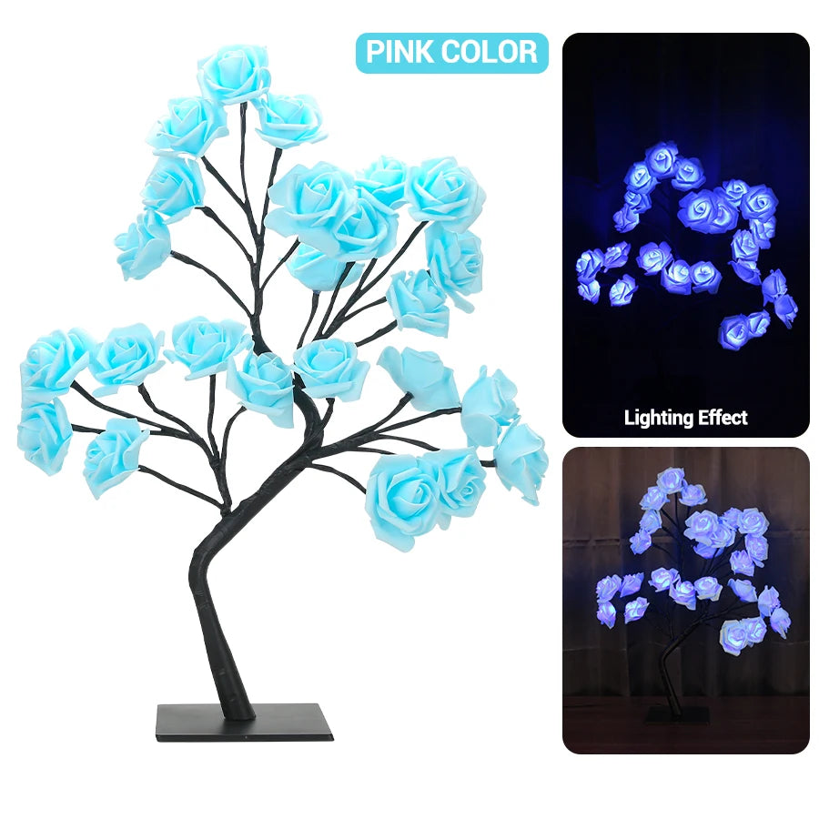 LED Rose Tree Desk Lamp USB Powered Artificial Flower Night Light Bedroom Living Room Party Wedding Valentine's Day Decoration