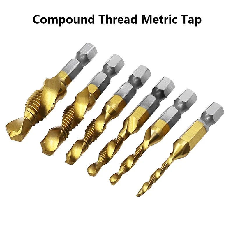 6pcs Tap Titanium Plated Hex Shank Drill Bits HSS Screw Thread Metric Taping Screw Machine Compound Tool M3-M10 Hand Tools