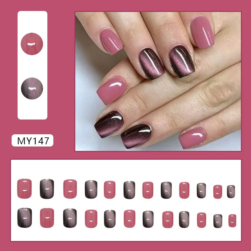 Bean Paste Cat Eyes Press on Nails Pink Gradient Fake Nails Glossy Artificial Finger Manicure Reusable False Nails for Women